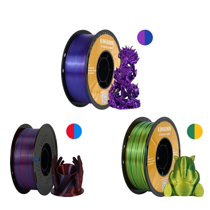 KINGROON Dual-color Silk PLA Filament 1.75mm 2 Color Coextrusion Glossy 3D Printer Filament PLA, 3kg/pack 1kg each spool