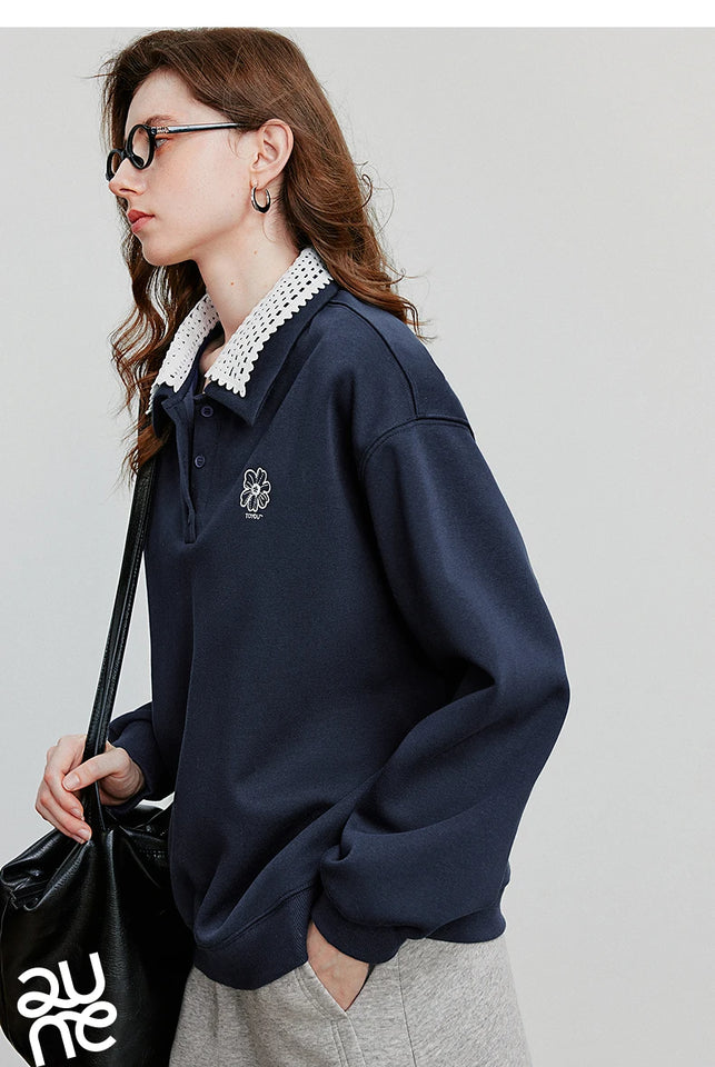 TOYOUTH Women Sweatshirt 2025 Autumn New Green Velvet Embroidery Contrasting Color Splicing Double Layer Collar Pullover Hoodies