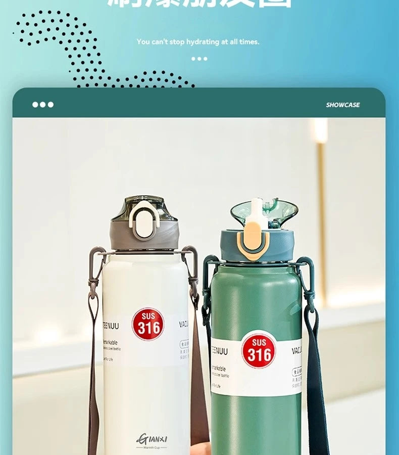GIANXI 1000ml Spring Cap Large Capacity Vacuum Cup 316 Stainless Steel Coffee Cup Portable Outdoor Sports Water Bottle