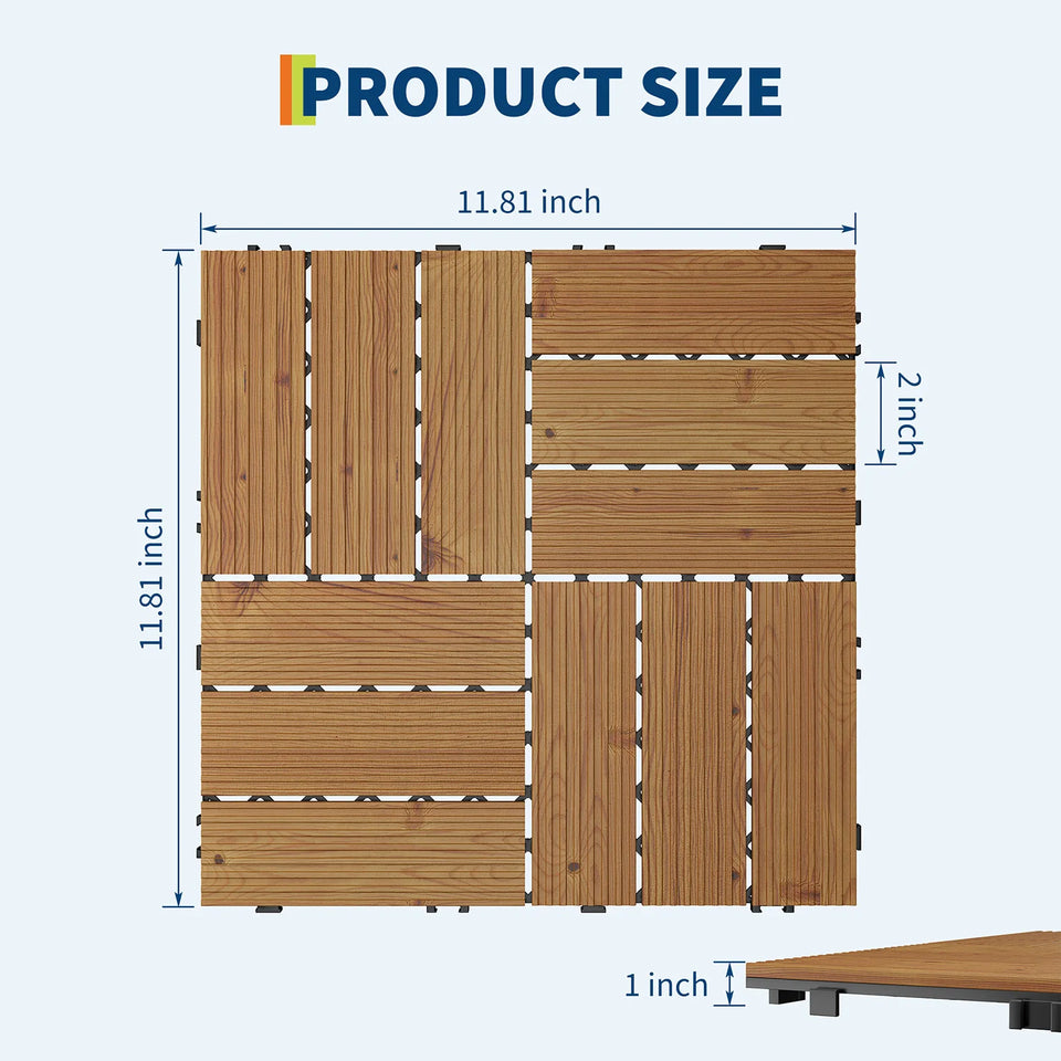 Acacia Wood Connected Deck Tiles for Patio & Outdoor Decor, 12"x12" Firm Weatherproof Non-Slip Wooden Flooring, 22/33 Panels