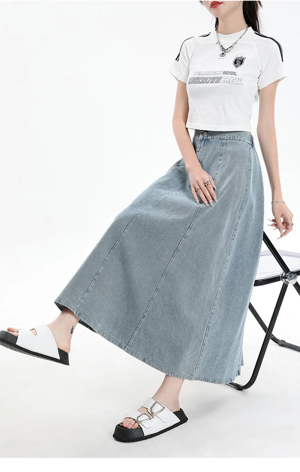 Long Denim Skirt Women 2024 Spring Summer New Arrivals High Elastic Waist A Line Jeans Skirts Korean Fashion Casual Blue Skirts