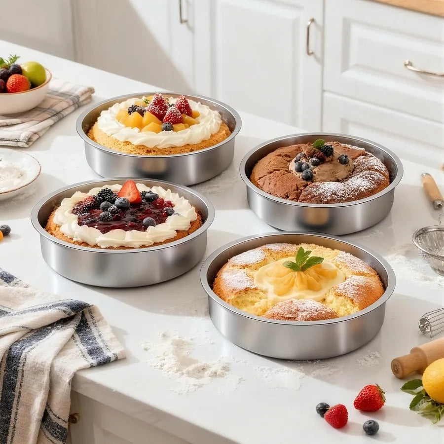 8 Inch Cake Pan Set of 4 Stainless Steel Round Layer Cake Baking Pans Molds Tins Stackable Even Heating Dishwasher Safe Non-Tox