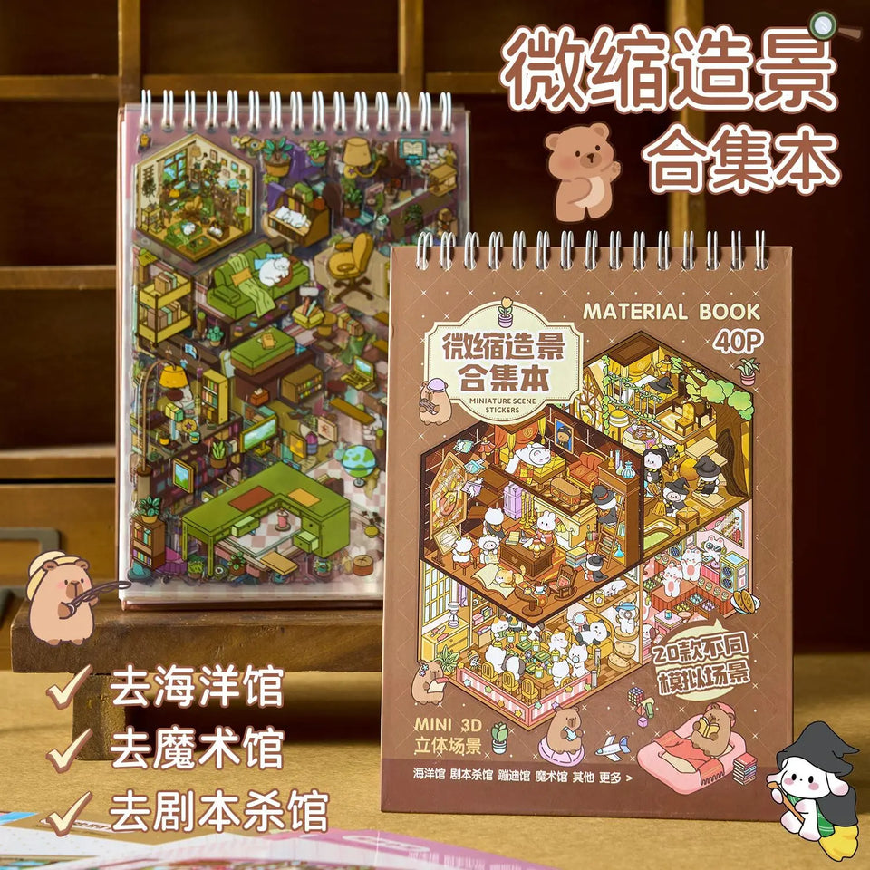 3D Miniature Scene Sticker Book, 40pcs/bag+1 tweezers set DIY Dollhouse Journal Scrapbooking Creative Gifts (Sticker Spark)