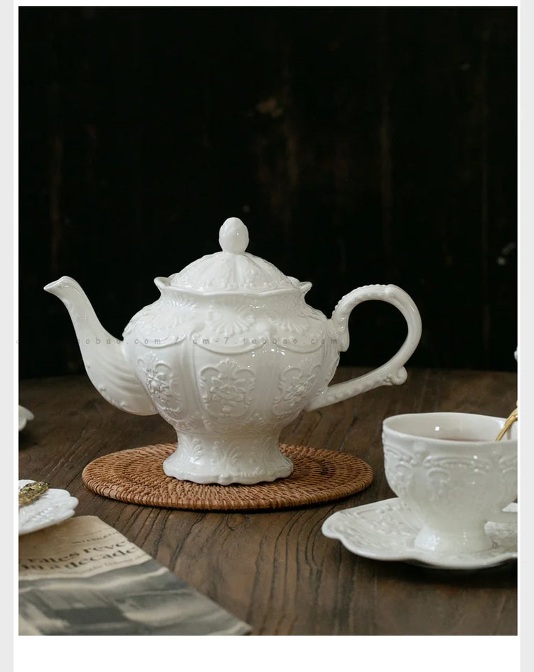 Ceramic European Style Tea Set French Relief Butterfly Flower Palace Pot Black Tea Cup Afternoon Tea Coffee Cup and Plate