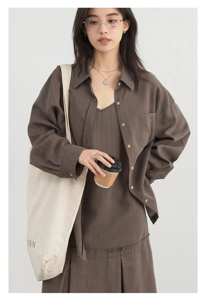 CHIC VEN Women Dress Sets Stripe Shirt Loose Casual Long Sleeve Sunscreen Blouses Camisole V-neck Dresses Spring Autumn 2025