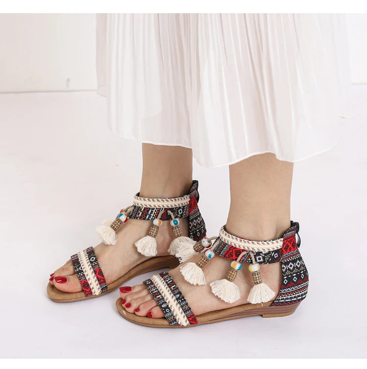 Summer New Women's Sandals Rome Bohemian Flow Su Flat Heel Soft Bottom Comfortable Anti slip Outerwear Tourist Vacation