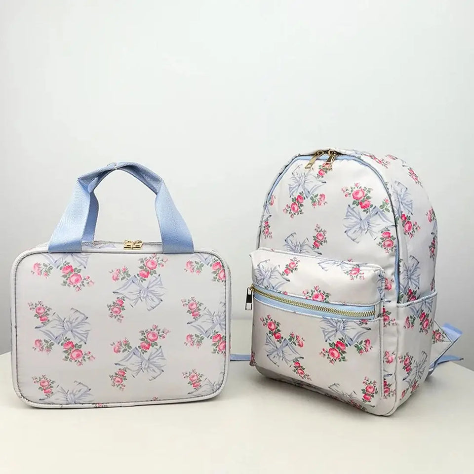 2PCS/SET Trendy Flower Bow Printing School Bag Lunch Bag Large Capacity Nylon Backpack Cute Students Insulation Ice Bento Box