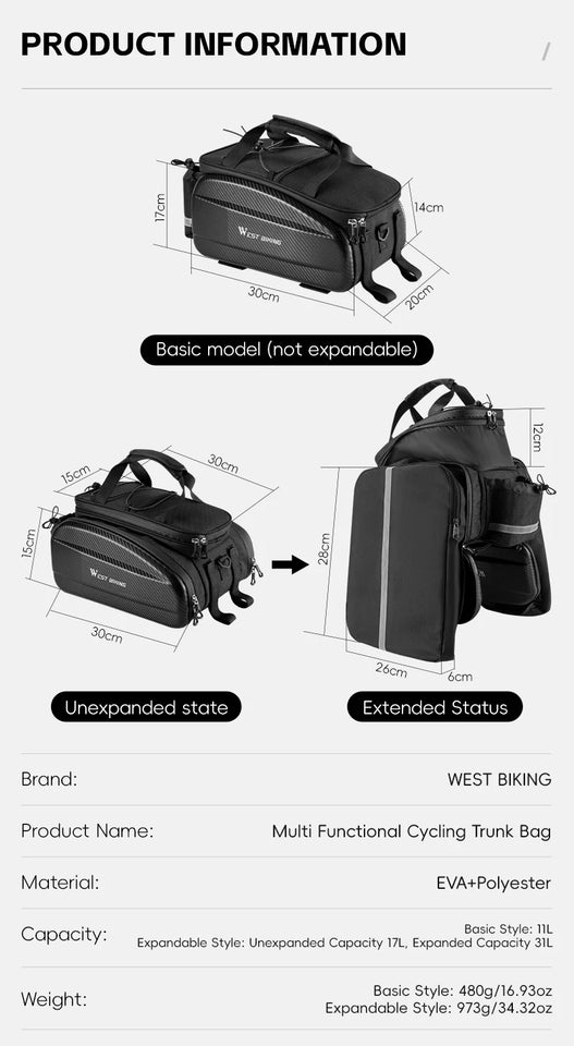 WEST BIKING Cycling Trunk Bag Large Capacity Bicycle Pannier Multifunctional Reflective Bike Bag Travel Bag MTB Bike Accessories