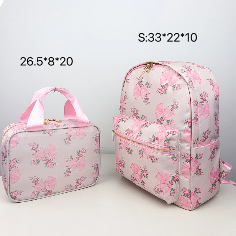2PCS/SET Trendy Flower Bow Printing School Bag Lunch Bag Large Capacity Nylon Backpack Cute Students Insulation Ice Bento Box