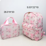 2PCS/SET Trendy Flower Bow Printing School Bag Lunch Bag Large Capacity Nylon Backpack Cute Students Insulation Ice Bento Box