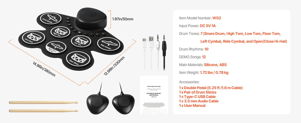 SucceBuy Electric Drum Set 7-Pad / 9-Pad Roll-up Drum Practice Pad Electronic Drumset Portable Instrument Toy for Kids Ages 3+