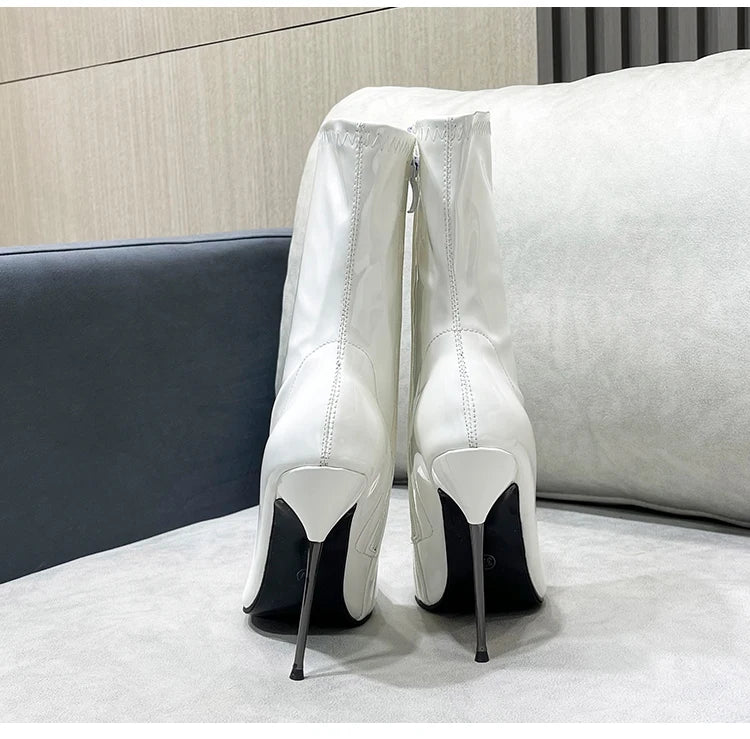 Knee-High Modern Boots Pointy Toe Women Shoes 13cm Ultra Thin Steel High Heels Metal Heel Calf Boots for Women Fun Shoes Size 46