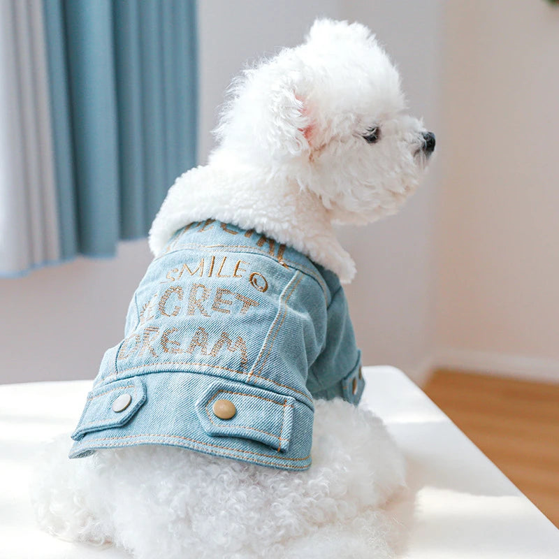 Extra Thick Denim Pet Dog Clothes Breathable French Bulldog Fleece Down Jacket Medium Puppy Clothing Winter York Cat Sweatshirt