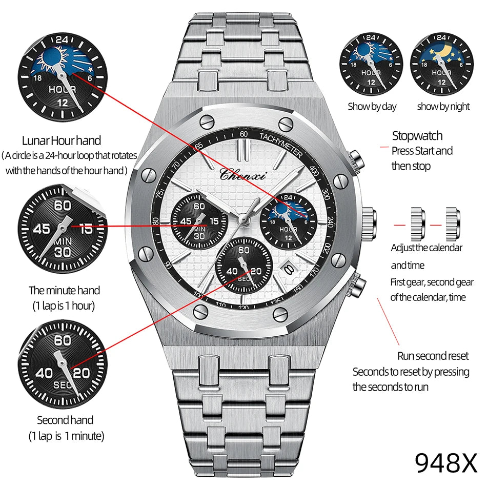 CHENXI Business Quartz Man Wristwatch Multi-function Luminous Calendar Men's Watches Waterproof Chronograph Stop Watch