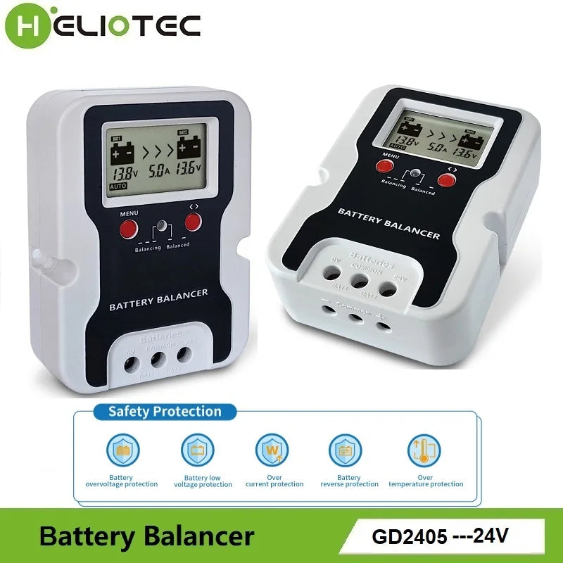 HELIOTEC 24V LED Display Battery Equalizer 2 x 12V Flood AGM Lead Acid Battery Bank Voltage Active Balancer Discharge Regulator