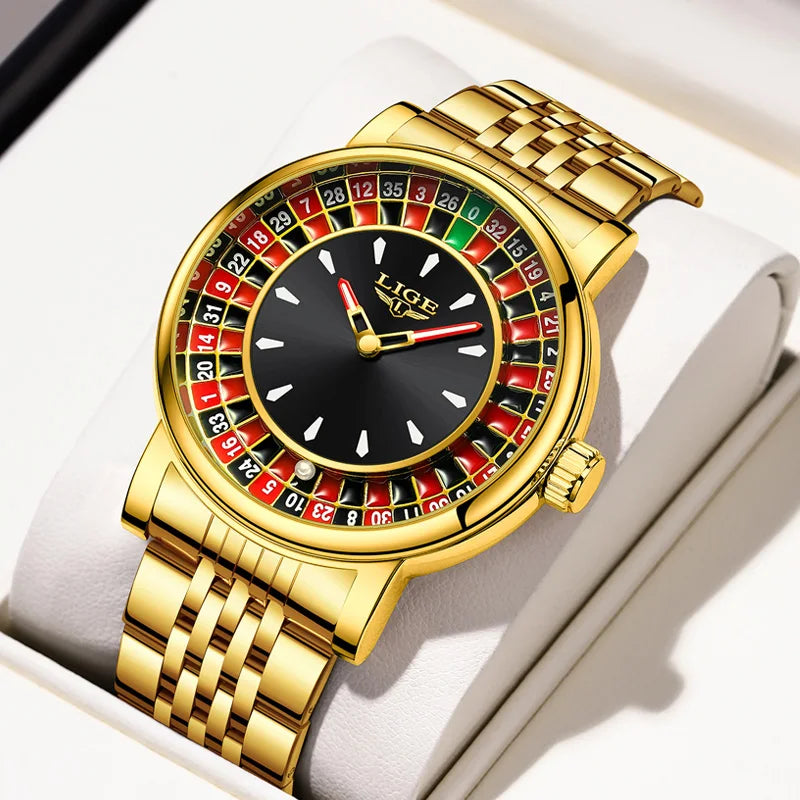 LIGE Creative Luxury Mens Watches Roulette Game Dial Fashion Mens Watch Waterproof Luminous Quartz Wristwatches Rolling Ball