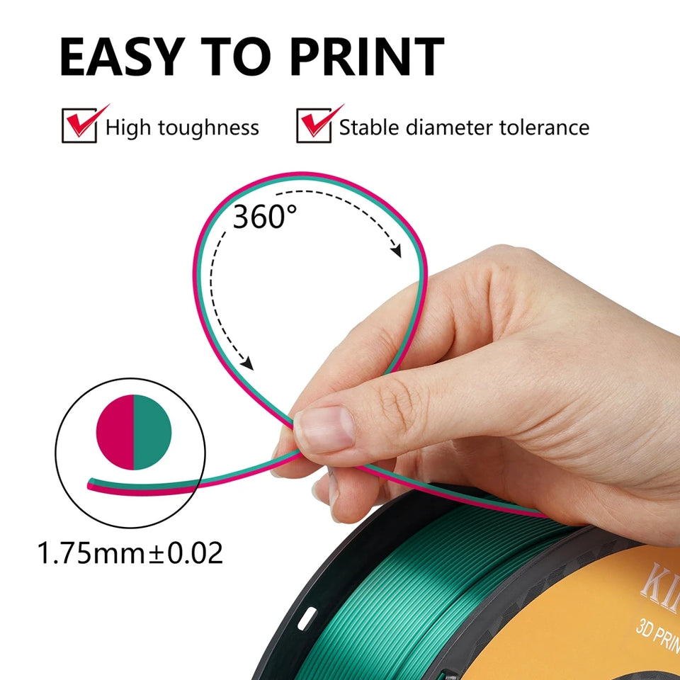 KINGROON Dual-color Silk PLA Filament 1.75mm 2 Color Coextrusion Glossy 3D Printer Filament PLA, 3kg/pack 1kg each spool