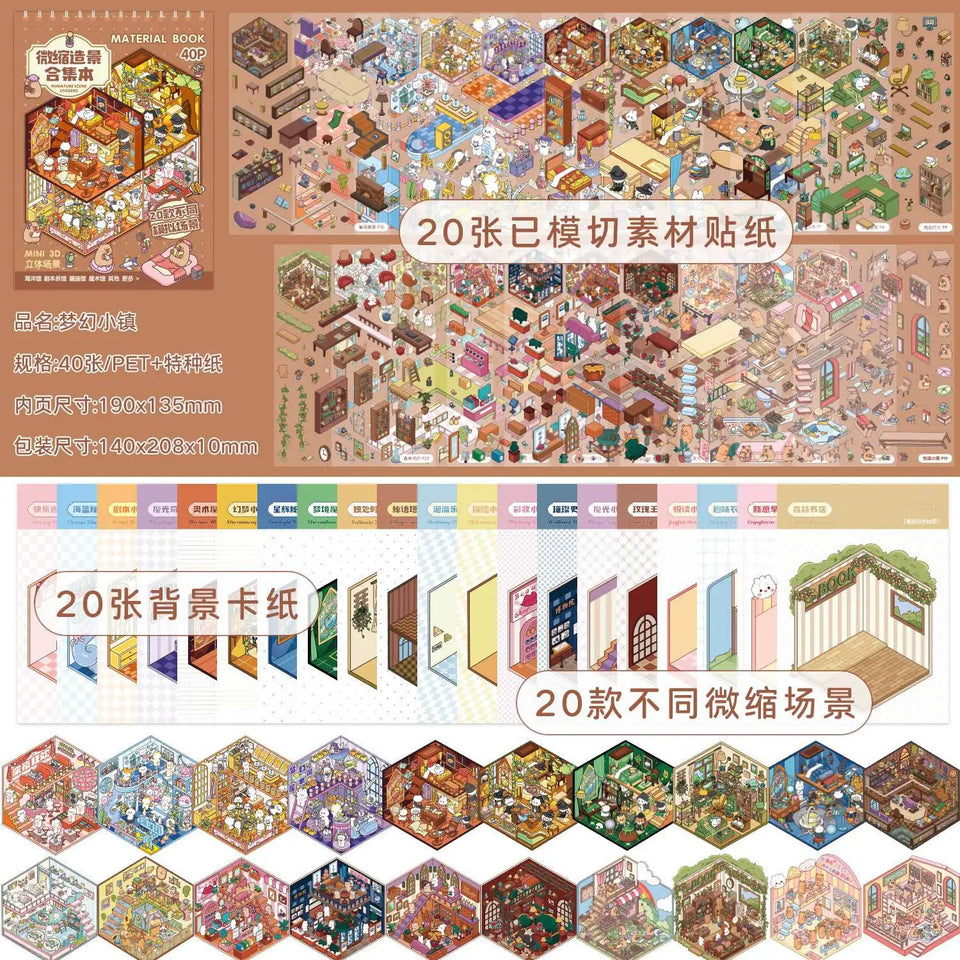 3D Miniature Scene Sticker Book, 40pcs/bag+1 tweezers set DIY Dollhouse Journal Scrapbooking Creative Gifts (Sticker Spark)