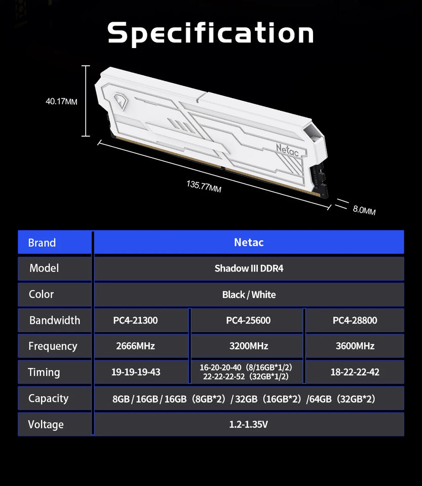 Netac DDR4 Ram Memory 8G 16G DDR4 3200MHz 3600MHz 8GX2 16GX2 Shadow Ill UDIMM DDR4 1.35V XMP2.0 with Metal HeatSink for Desktop