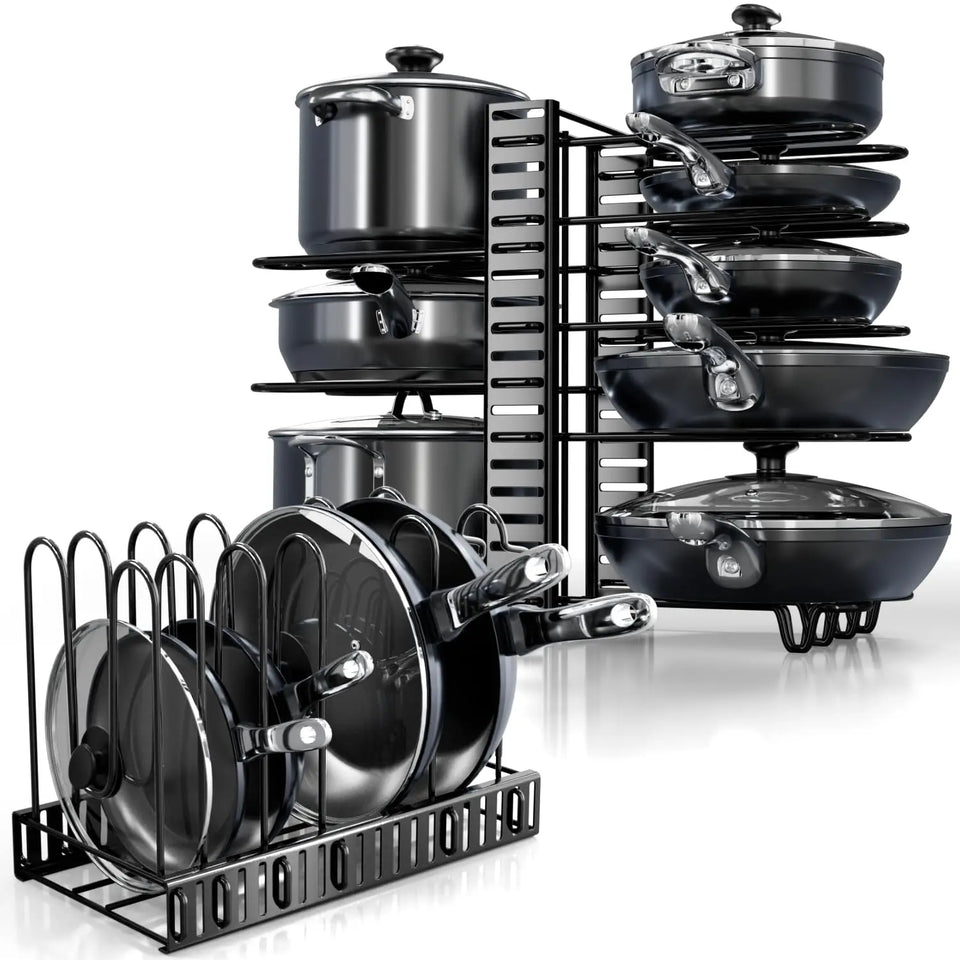 Pot Rack Organizer, 8 Tier Pots and Pans Organizer for Kitchen Organization & Storage, Adjustable Pot Lid Holders & Pan Rack
