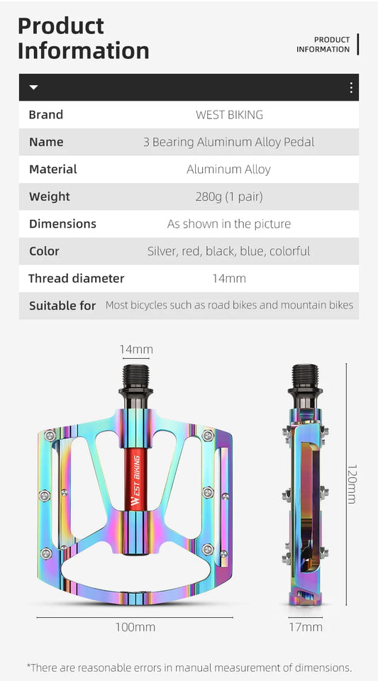 WEST BIKING Bicycle Pedal Three Bearing Aluminum Alloy Pedal Mountain Bike Road Bike Pedal Color Bike Accessories