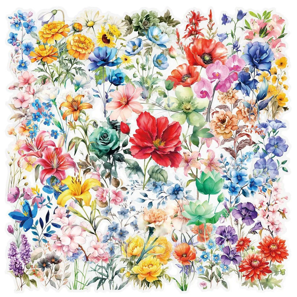 50 Pcs Transparent Flower & Plant Stickers - PET Decorative Craft Supplies for Journals, Notebooks, Tablets(Anime Worlds Store)