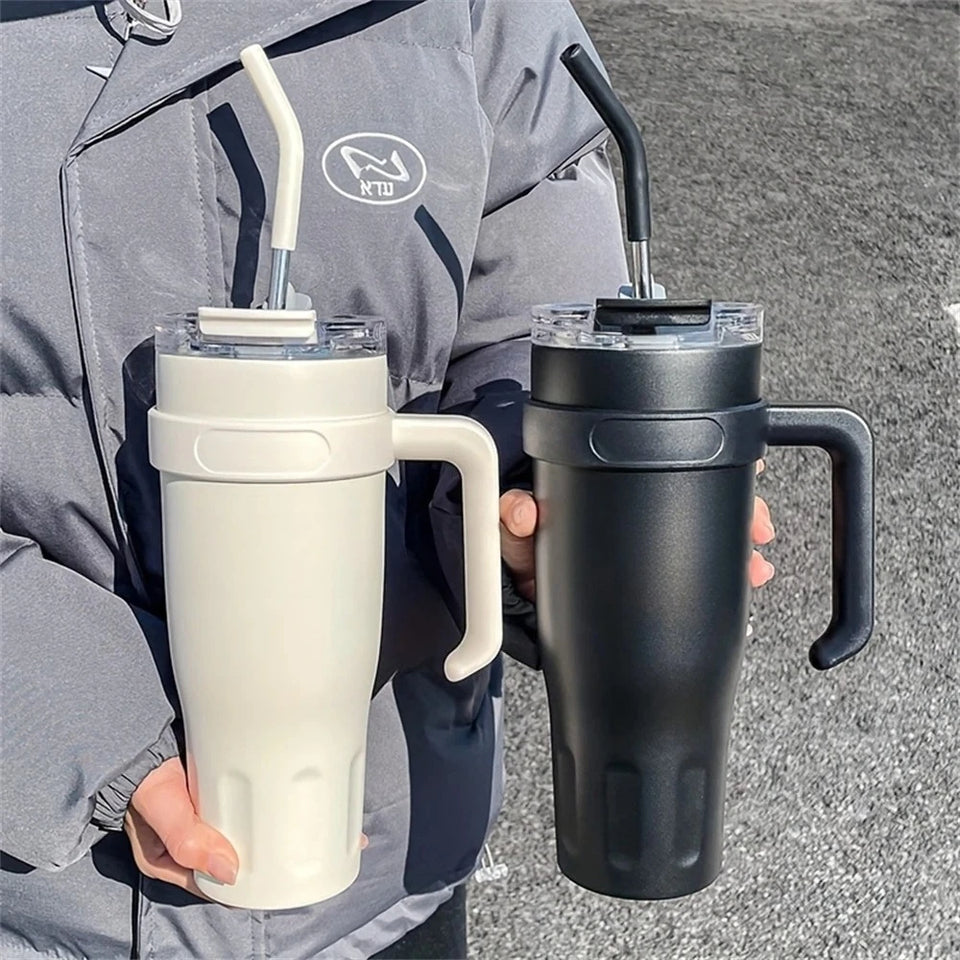 1pc Stainless Steel Ice Tumbler 38.55oz Insulated Cup with Handle & Straw Keeps Cold for 24 Hrs Car Insulation Cup Coffee Water