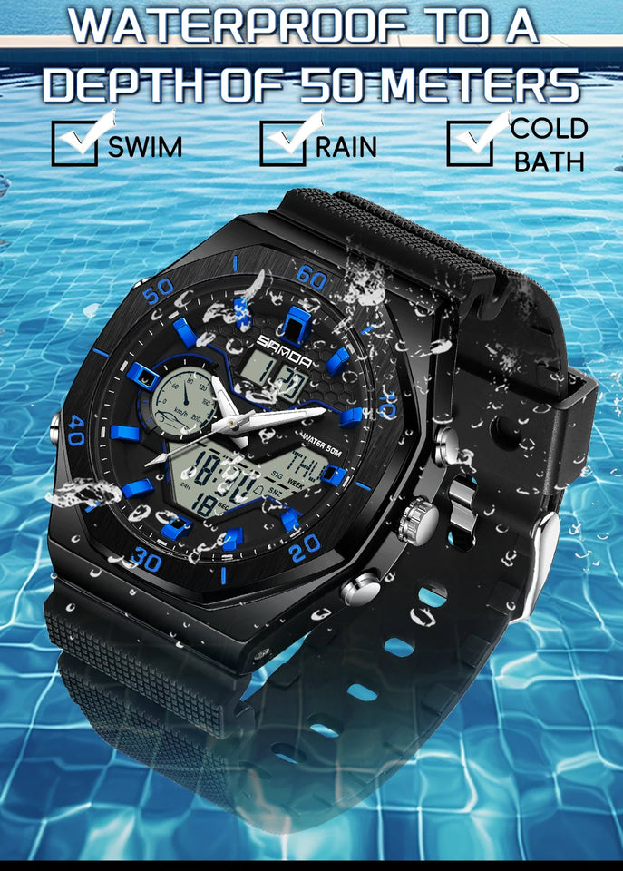 SANDA G Style Digital Men Watches Dual Display Three Time Waterproof Shock Sports Watch Military Countdown Male LED Quartz Clock