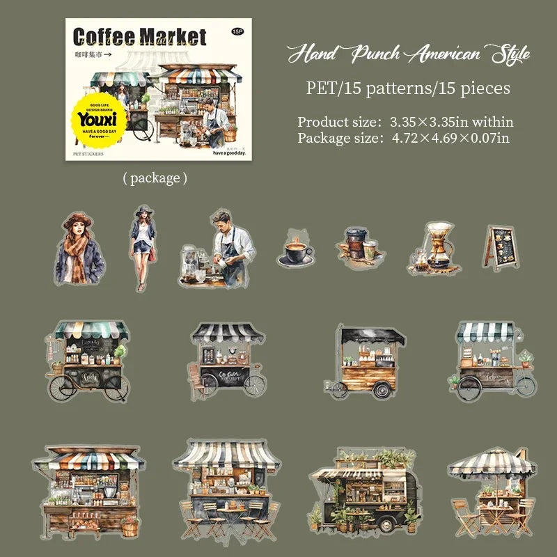 Coffee Bazaar Series Sticker Pack 6 Coffee Shop Diorama Themes 15Pcs Journal Decor for Cafe Lovers