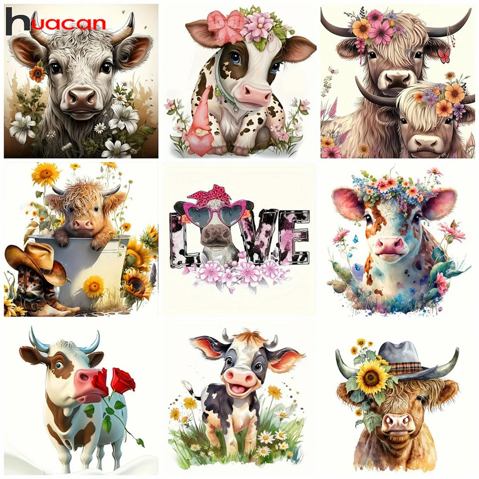Huacan New Arrivals Diamond Painting Animal Cow 5D Diy Diamond Painting Flower Set Handmade Gift Decorations For Home