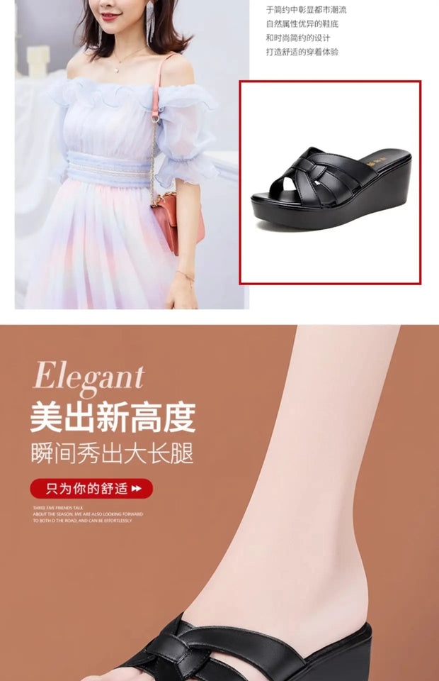High quality summer leather wedge sandals for women 6cm mid heel new 2025 size 32 33 42 43 platform open toe elegant shoe black