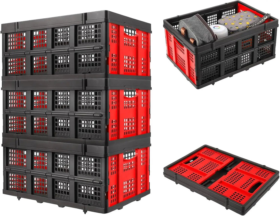 55L Heavy-Duty Collapsible Plastic Crate Foldable Storage Basket with Side Handles, Stackable Design for Food Drinks Books Tools