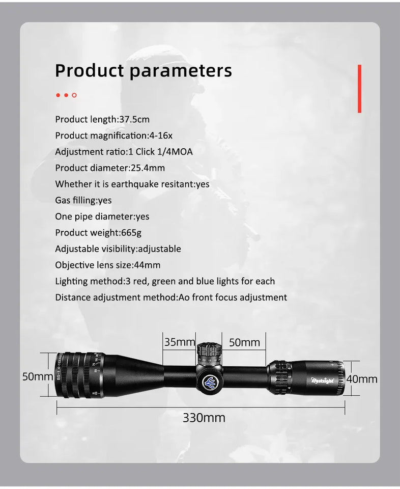 Tactical 4-16x44 AOE Scope Hunting Scopes Tactical Airsoft Luneta Para De Caça Red Green Illuminated Sight