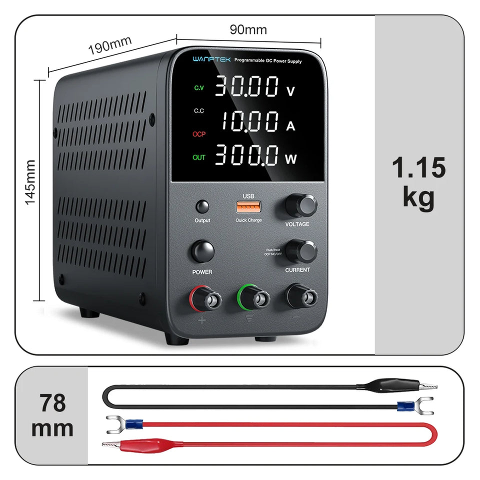 Wanptek Adjustable DC Power Supply 30V 60V 5A 10A Lab Bench Power Supply USB Interface Fast Charging Preset Voltage and Current