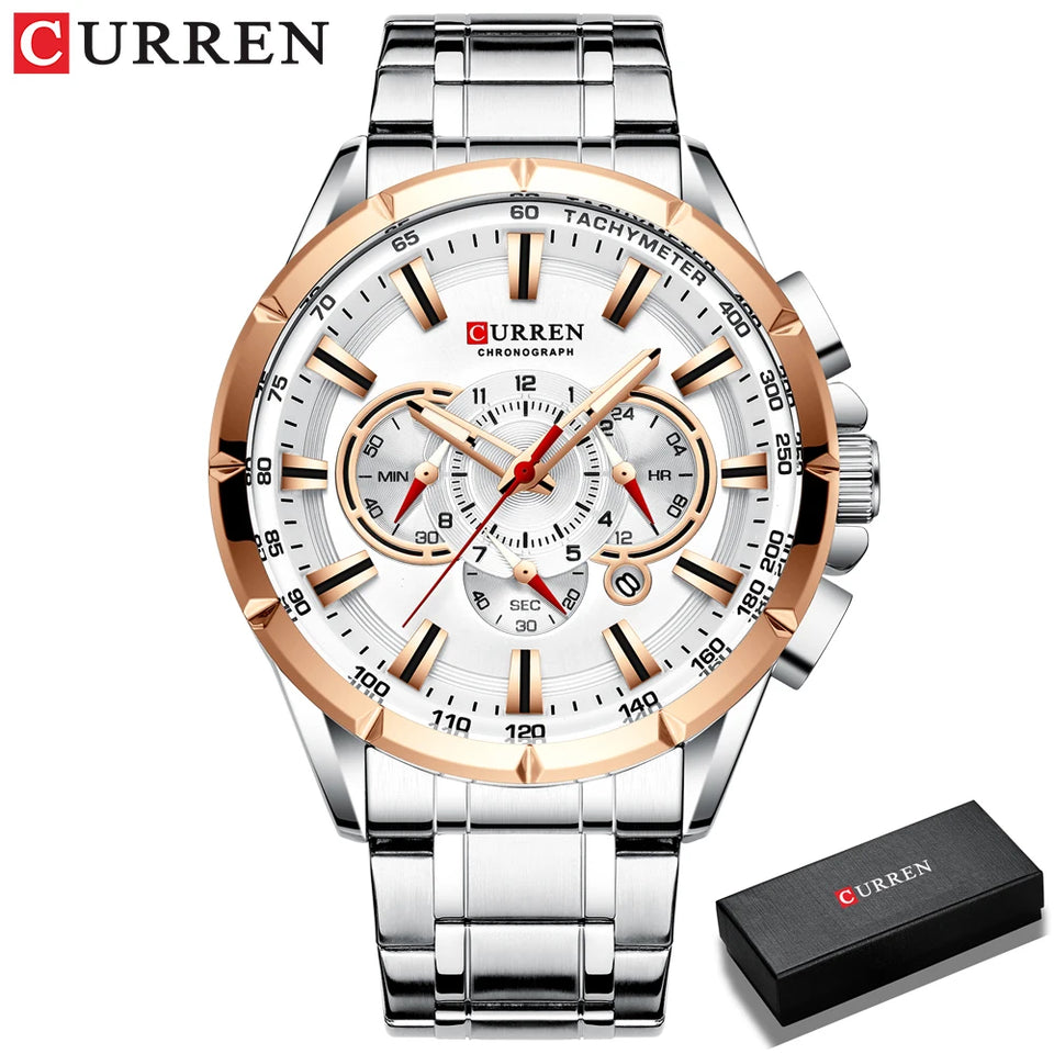 CURREN 8363 Casual Sport Chronograph Men's Watches Stainless Steel Band Wristwatch Big Dial Quartz Clock with Luminous Pointers