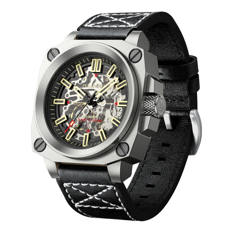 FeelNever Creative Automatic Movement Men's Watches Hollow Fashion Casual Sport Military Leather Waterproof Mechanical Watch+Box
