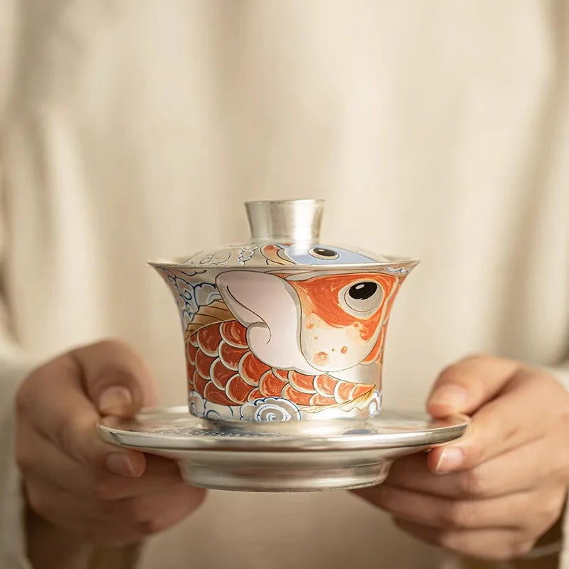 Tea set handmade silver three talents horseshoe covered bowl, Chinese dragon fish respect tea bowl, tea making bowl, tea cup for
