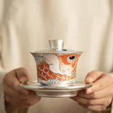 Tea set handmade silver three talents horseshoe covered bowl, Chinese dragon fish respect tea bowl, tea making bowl, tea cup for