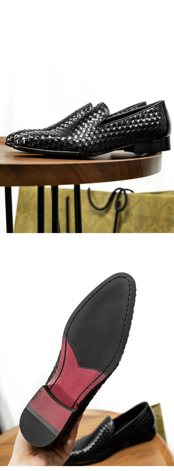 PJCMG Fashion Comfortable Black/Coffee Genuine Knitted Leather Slip-On Pointed Toe Flat Man Casual Classic Formal Dress Shoes