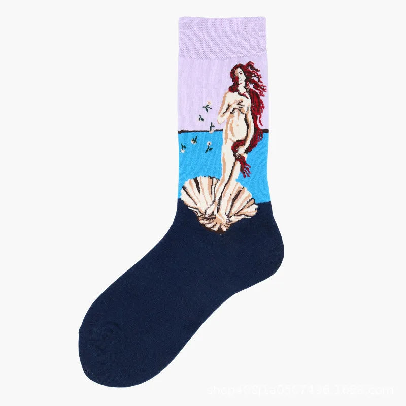 1 Pair Men Cotton Retro Abstract Oil Painting Art Socks Shout Modern Van Gogh Starry Night Happy Oil Painting Skateboard Sock