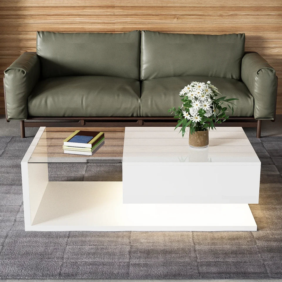 Rosahqnda coffee table side tables coffee table tables with glass and LED effect, high gloss white