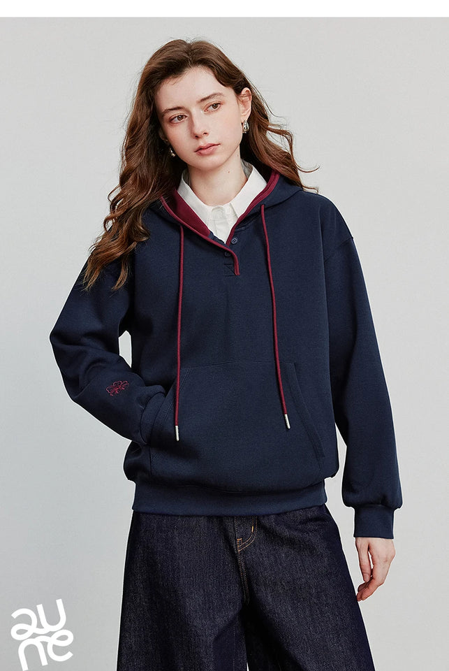 TOYOUTH Women Hoodies Sweatshirt 2025 Autumn New Contrasting Color Embroidery Splicing Hooded Pullover Tops