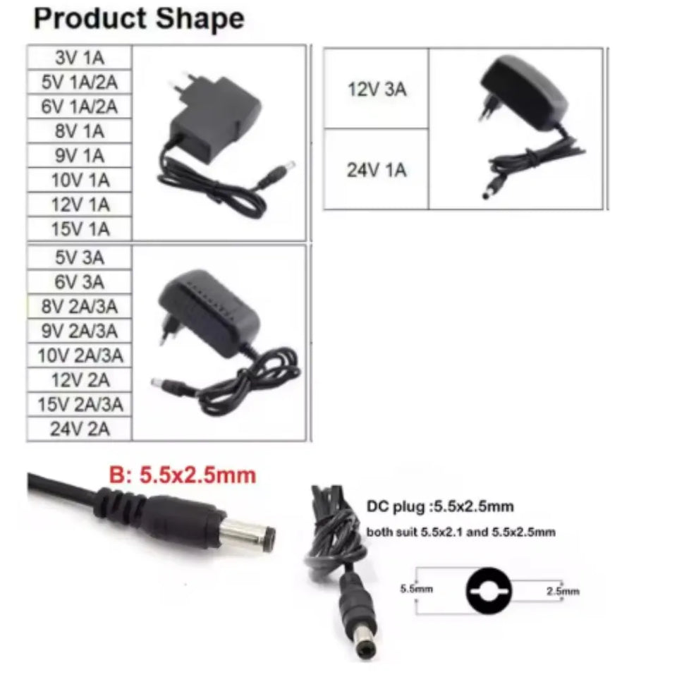 1000ma 2000ma AC to DC 1A 2A 3V 5V 6V 8V 9V 10V 12V 15V 24V Power Supply wall charger Adapter US EU plug transformer For Strip