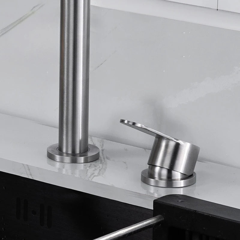 Hidden Lifting Folding Kitchen Faucet 304 Stainless Steel Sink Faucet Hot and Cold Mixed Water Separate Sink Tap Dual Holes