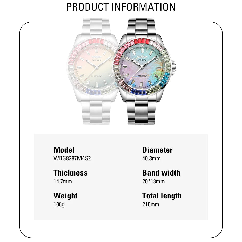 2024WINNER Original Colored Diamonds Mechanical Waterproof Men's Watch Automatic Movement Stainless Steel Luxury Watches