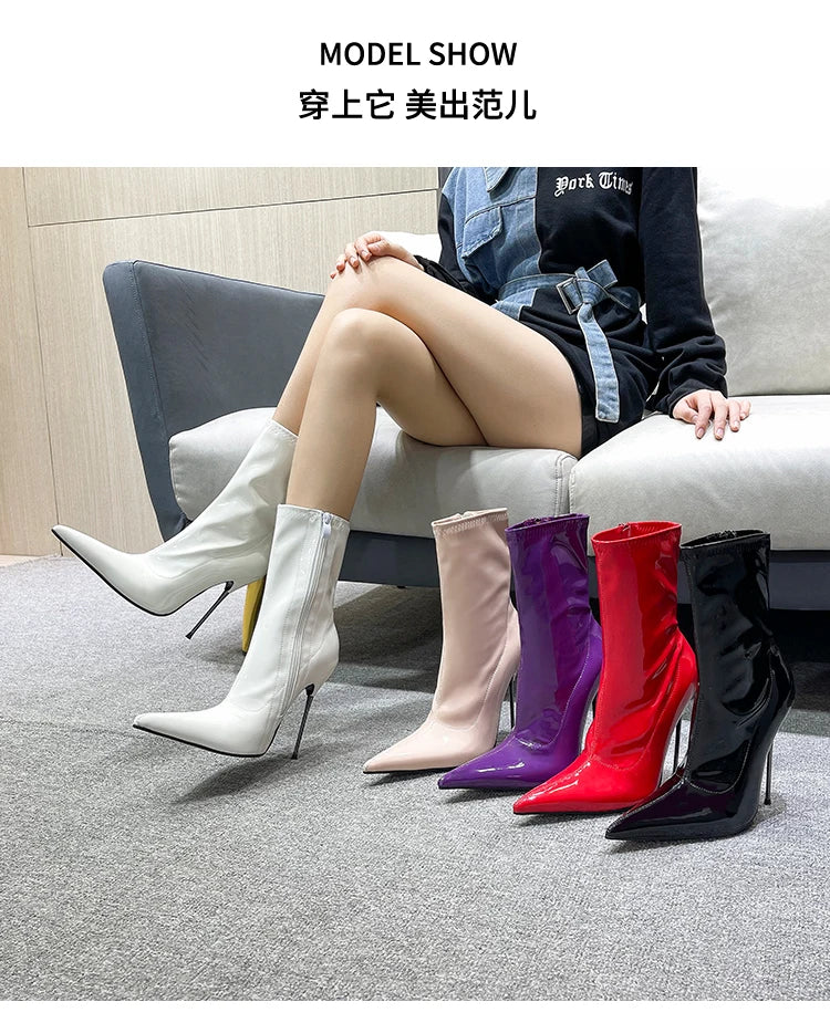 Knee-High Modern Boots Pointy Toe Women Shoes 13cm Ultra Thin Steel High Heels Metal Heel Calf Boots for Women Fun Shoes Size 46
