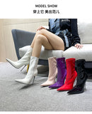 Knee-High Modern Boots Pointy Toe Women Shoes 13cm Ultra Thin Steel High Heels Metal Heel Calf Boots for Women Fun Shoes Size 46