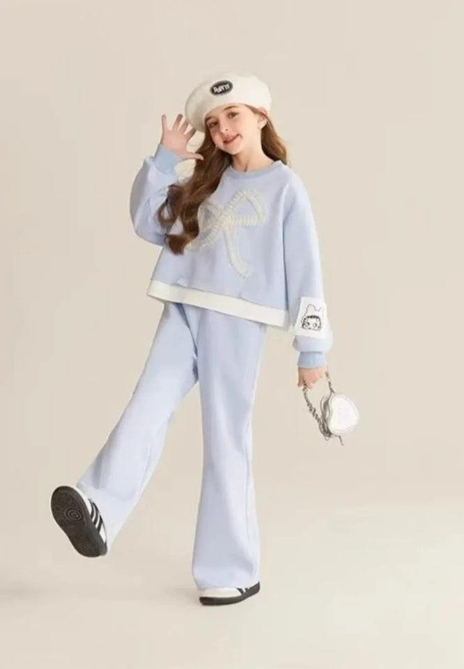 Top & Pants 2-Piece Set Sweatshirt Bow Korean Children's Clothing 2025 Autumn Winter Suits Clothes for Girls From 7 To 8 Years