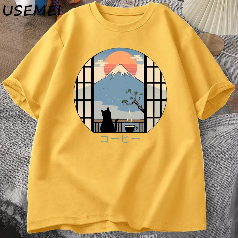 Coffee Cat in Mt Fuji T-shirt Men Women Round Neck Short Sleeve Tshirt Japanese Style Printed T-Shirt Cotton Oversized Tops
