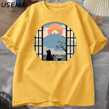 Coffee Cat in Mt Fuji T-shirt Men Women Round Neck Short Sleeve Tshirt Japanese Style Printed T-Shirt Cotton Oversized Tops